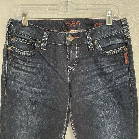 Silver Jeans Women’s 29 Blue Dark Wash SANTORINI Crop Contrast Stitch Pockets - Picture 3 of 9